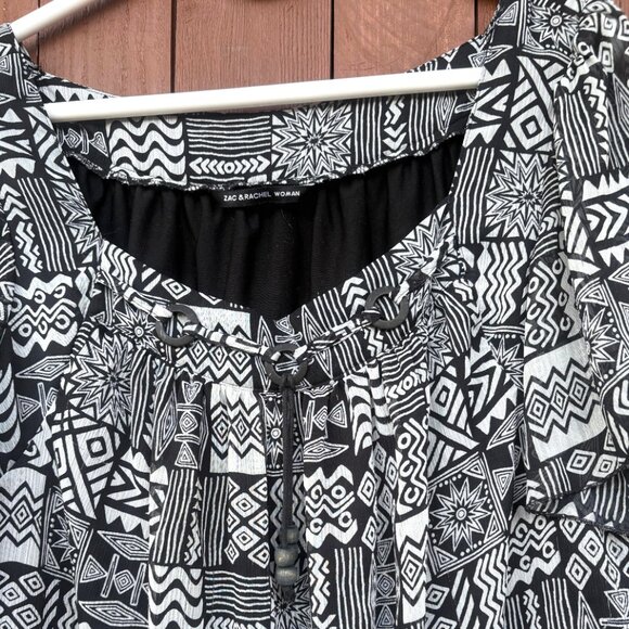 Zac & Rachel Woman Boho Blouse lined Beaded Square Neckline Black & Tan Sz 2X - Picture 3 of 5